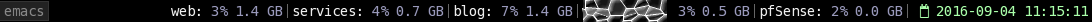 An i3bar with one workspace named emacs, several virtualbox vms running with the following format, vmname cpu% xxGB, and the date