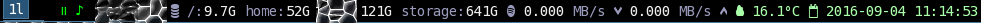 An i3bar with one workspace named 1l, an mpd music title, disk sizes, network speeds, weather and date