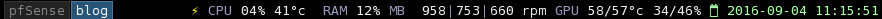 An i3bar with two workspaces named pfSense and blog, CPU 04% 41C, RAM 12% MB, 958 | 753 | 660 rpm, GPU 58/57C, and date