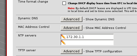 the same dhcp server configuration page lower down, ntp servers is set to 172.30.1.1