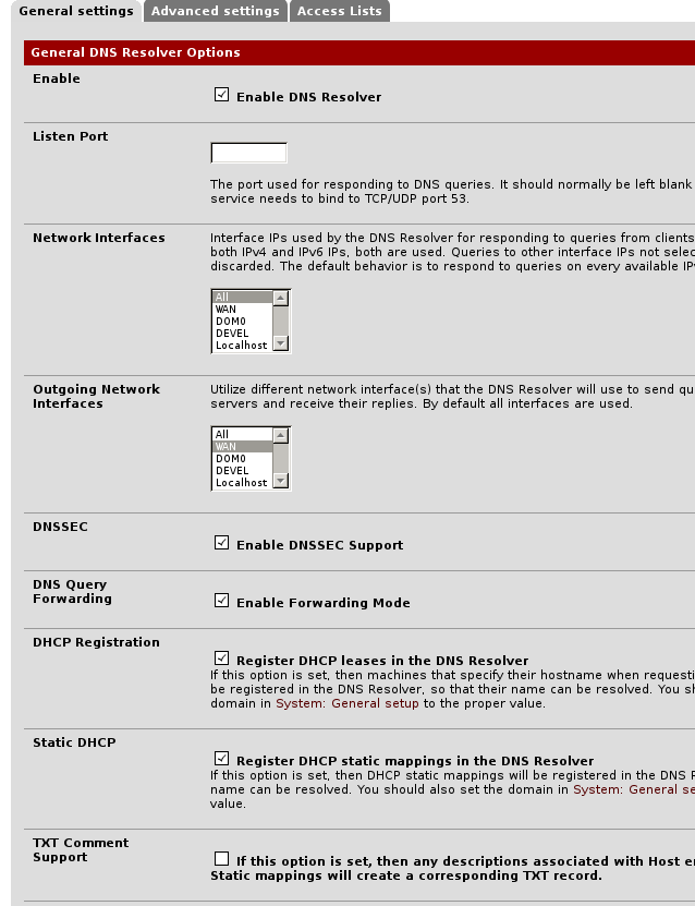 the pfSense general settings tab of the DNS resolver, enable is checked, network interfaces set to All, outgoing to WAN, enable dnssec is checked, as well as forwarding and register dhcp mappings