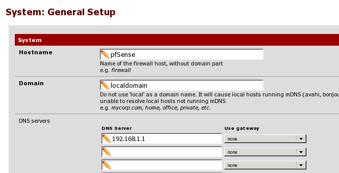 the pfSense general setup page, hostname is set to pfSense, domain to localdomain, dnsservers to 182.168.1.1