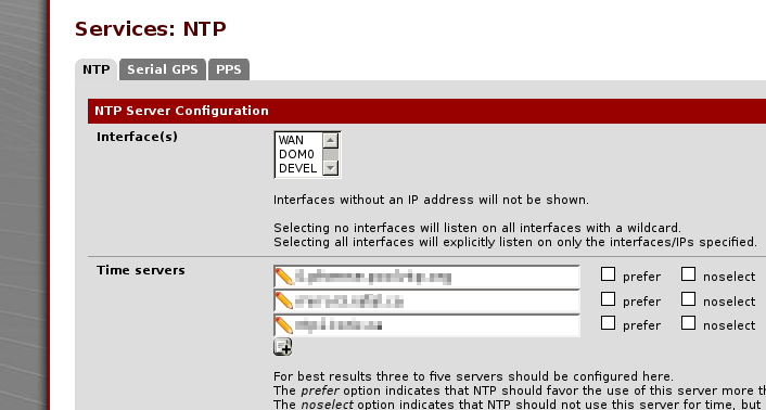 the pfSense NTP services page, the interfaces list has no interfaces selected, time servers are set to installation-dependent values