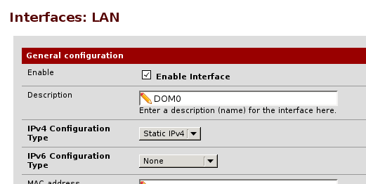 the pfSense interfaces page for the LAN interface, the description has been changed to DOM0