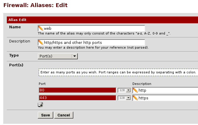 a firewall aliases edit page, the name is set to web, description to http/https, type is set to ports, and two entries, 80 and 443, have been added to it