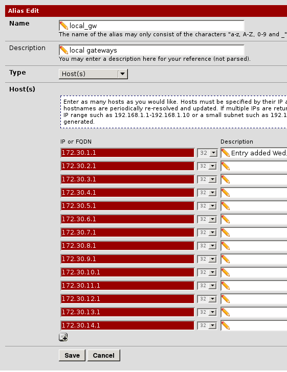 a firewall aliases edit page, the name is set to local\_gw, description to local gateways, type fo hosts, and 14 entries are added, 172.30.1.1, 172.30.2.1, ... all the way to 172.30.14.1