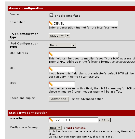 a pfSense interface configuration window, enable is checked, the description is set to DEVEL, ipv4 configuration type is set to static ipv4, mac / mtu / mss are empty, advanced is not set, and ipv4 address is set to 172.30.1.1 with ipv4 upstream gateway set to none