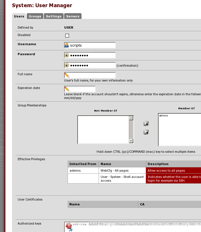 the system user manager pfSense configuration page, a new user is being created, username is set to scripts, password is set, memberof is set to admins, effective privileges is webcfg, which is inherited, and user system shell account access, which was added. An ssh key is pasted in the authorized keys textfield.
