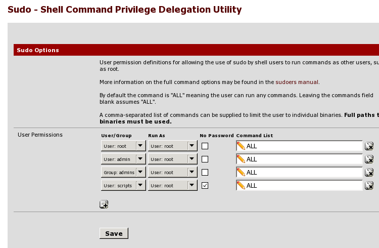 the sudo package configuration page, a new line has been added for the scripts user, which will run as the root user with no password for all commands.