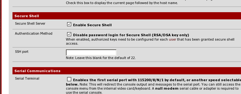 the secure shell section of the advanced system configuration page, enable secure shell is checked, as well as disable password login for ssh
