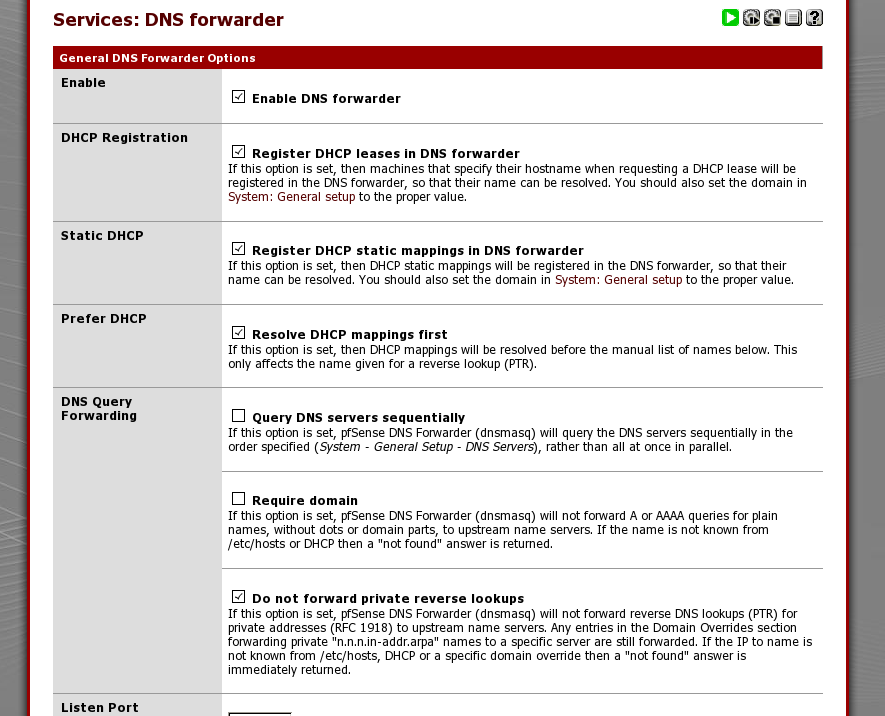 the pfSense DNS forwarder configuration page, enable is checked, register leases is checked, register static dhcp mappings is checked, resolve dhcp mappings first is checked, query dns sequentially is unchecked, require a domain is unchecked, do not forward private reverse lookups is checked