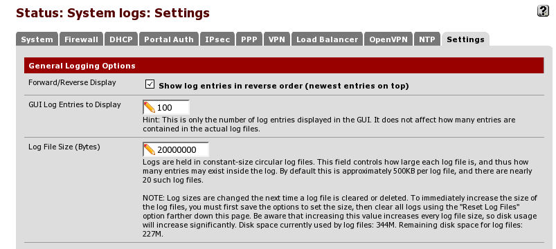 The pfSense system logs: settings GUI screens, GUI entries to display is set to 100 log file size is set to 20000000