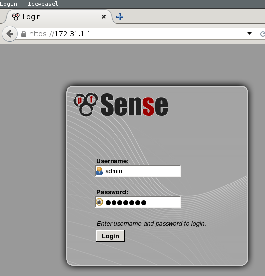from now on unless specified these are screenshots of the pfSense http configuration, this is the initial pfSense login