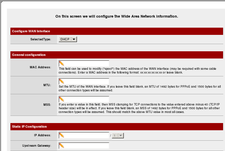 the WAN configuration, all textfields are empty, selectedtype is set to DNCP