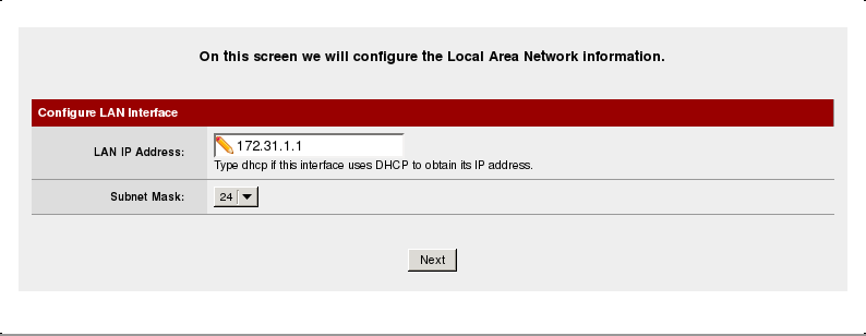 the LAN information screen, LAN IP address should be already set to 172.31.1.1 and subnet mask to 24