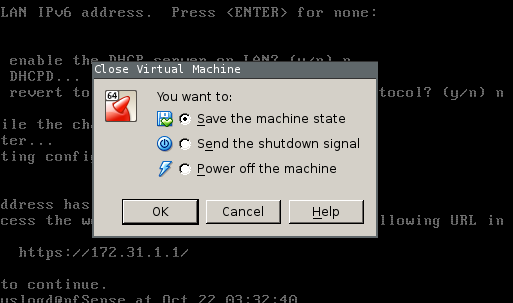 the virtualbox close virtual machine dialog, save the machine state is selected