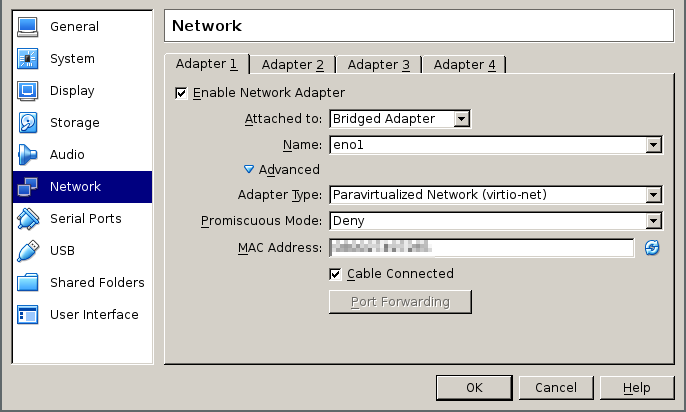 in the virtualbox network configuration tab, inside it the adapter 1 tab is selected, the adapter is attached to a bridged adapter, name is eno1, the adapter type is virtio-net promiscuous deny, an installation dependent mac address and a cable is connected.
