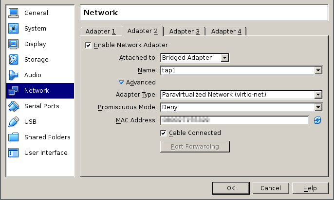 in the virtualbox network configuration tab, inside it the adapter 2 tab is selected, the adapter is attached to a bridged adapter, name is tap1, the adapter type is virtio-net promiscuous deny, an installation dependent mac address and a cable is connected.