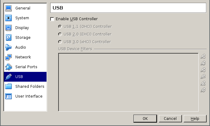 in the virtualbox USB configuration tab, enable USB controller is deselected