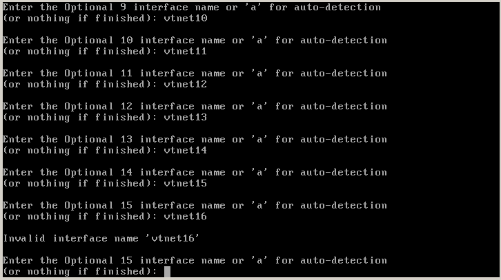 continuing with the interfaces, optional 1 to vtnet2, 2 to vtnet3 and so on until you reach optional 14 to vtnet15, having finished simply press enter