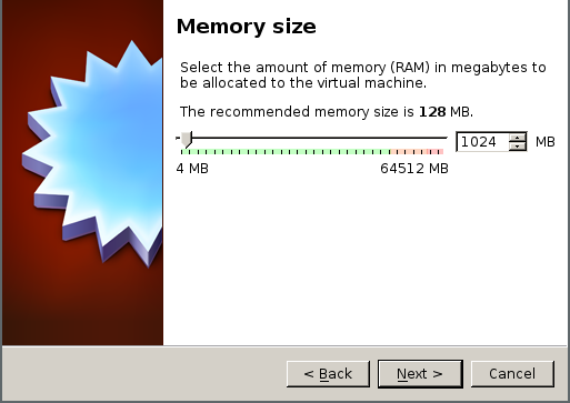 in the memory size dialog 1024MB ram is selected