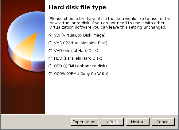 in the hard disk file type vdi is selected