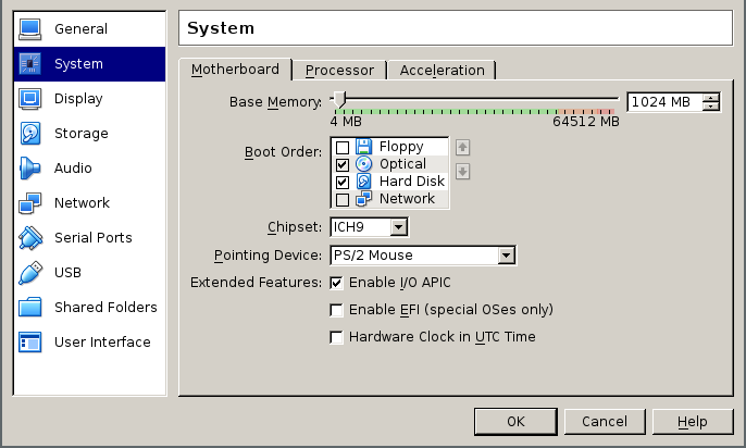 in the system virtualbox system configuration tab, motherboard tab inside it, base memory is set to 1024MB, in the boot order floppy is deselected, optical is selected and next, hard disk is selected and next, network is deselected. The chipset type is set to ICH9, mouse type is PS/2, enable EFI and hardware clock in UTC time are deselected