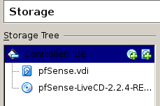in the storage virtualbox configuration tab, pfsense.vdi is the main image, the pfSense liveCD is in the CD controller