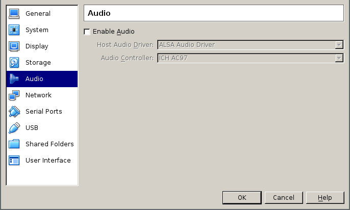 in the virtualbox audio configuration tab, enable audio is deselected